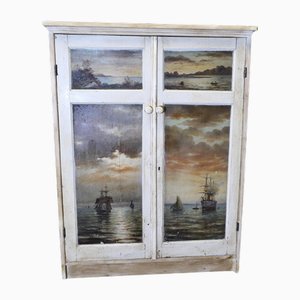 Meuble Peint à la Main avec Quatre Peintures à l'Huile de Paysage Marin