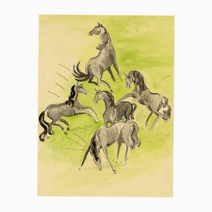 Jean Mary Ogilvie, Art Deco Black Horse Pattern Design, 1930s, Gouache Painting