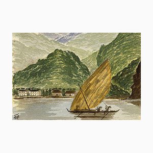 Cmdr Alfred M. Causton RN, Camakau Canoe, Fidji, Pacifique Sud, 1873, Aquarelle