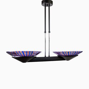 Lampe à Suspension Vintage en Verre de Murano en Verre Rayé Bleu et Rouge, 1980s