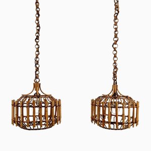 Handgefertigte Italienische Hängelampe aus Schilfrohr & Rattan im Stil von Albini, 1960er, 2er Set