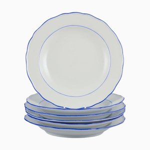 German Dinner Plates in White Porcelain with Blue Rim from Meissen, Set of 6