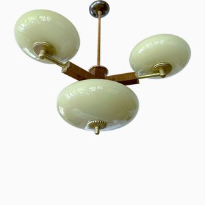 Grande Lampe à Suspension Art Déco en Bois et Verre, 1930s