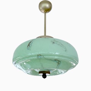 Art Deco Pendant Light in Green Marble Glass, 1930s