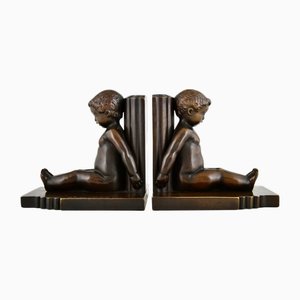 Sujetalibros Art Déco de bronce con niños de Paul Silvestre, años 20. Juego de 2