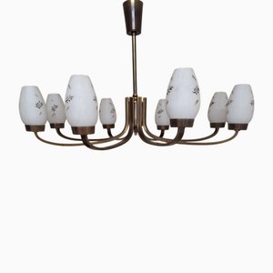 Mid-Century Brass Chandelier with 8 Opaque Glass Shades, 1960s