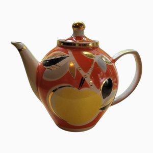 Teiera sovietica in ceramica dipinta a mano con decorazioni in oro di Polonne