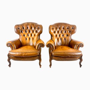 Französische Vintage Chesterfield Stühle aus Mahagoni & Leder, 1950er