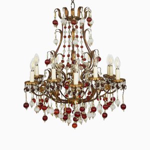 Gilded Iron and Colored Glass Cage Chandelier, 1960