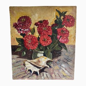 A. Le Cudennec, Bodegón con flores, 1955, óleo sobre tabla