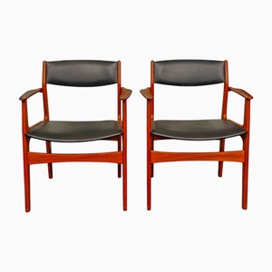 Dining Chairs in Teak and Black Vinyl Upholstery, Set of 5