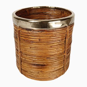 Italienischer Cachepot Korb aus handgewebtem Bleistiftrohr Rattan & Messing, 1970er