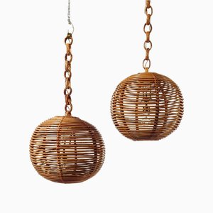 Vintage Cane and Rattan Globe Pendants, 1970s, Set of 2