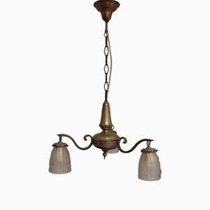 French Art Deco Hanging Lamp with Brass Frame, 1930s