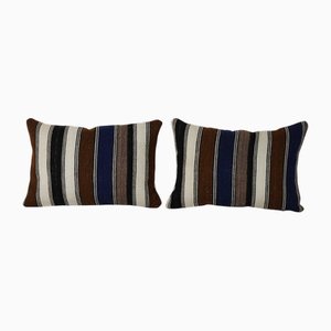 Housses de Coussin Lombaire Kilim Rayées en Laine, Turquie, Set de 2