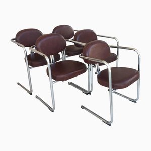 Fauteuils en Cuir Marron et Chrome, Italie, 1980s, Set de 5