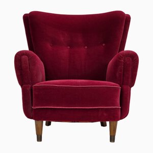 Fauteuil en Velours Rouge Cerise avec Pieds en Hêtre, Danemark, 1960s