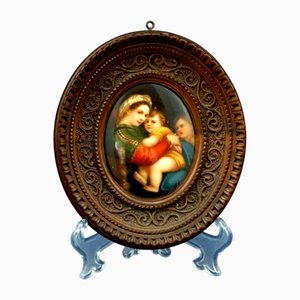 Miniatur-Keks-Porzellan-Plakette aus dem 19. Jahrhundert mit der Darstellung der Madonna Della Seggiola nach Raffael von Franz Scherl, Florenz, Italien