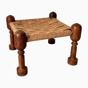 Modernist Turned Wood Ottoman with Woven Rope Top, India, 1950s