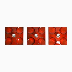 Lámparas de pared era espacial de cerámica roja, años 70. Juego de 3