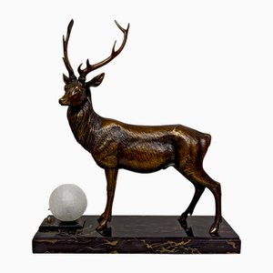 Skulpturale Art Deco Hirsch Lampe aus Bronze & Marmor, Frankreich, 1930er
