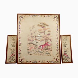 Tapisseries en Soie Brodée, Indochine, Vietnam, 1930s, Set de 3