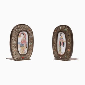 Fermalibri antichi in porcellana e ottone, Cina, 1880, set di 2