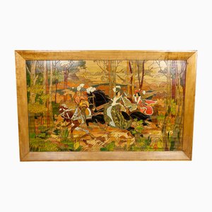 French Artist, Medieval Hunting Scene, 1900, Pyrograph