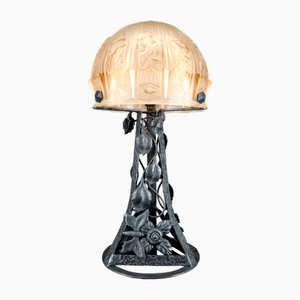 Lampe Art Déco en Fer Forgé avec Motifs de Papillons et Dôme Floral en Verre Pressé de Bartelemie, France, 1925