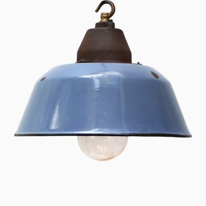 Vintage Industrial Blue Enamel, Clear Glass and Cast Iron Pendant Light