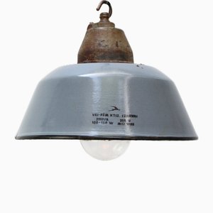 Industrielle Vintage Hängelampe aus grauer Emaille, Gusseisen und klarem Glas