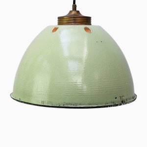 Lampada a sospensione vintage in ottone e smalto verde con vetro satinato