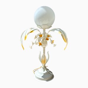 Florentine Style Plant-Shaped Table Lamp in Metal & Opal Glass by Sergio Terzani, Italy 1970s