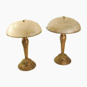 Französische Art Deco Tischlampen aus Milchglas & Messing, 1970er, 2er Set