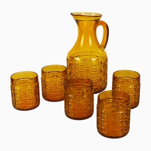 Vintage Siena Carafe and Tumblers in Textured Amber Glass from Bormioli Rocco, Italy, 1970s, Set of 6