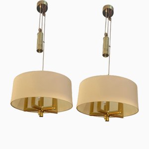 Counterweight Pendant Lights in Brass with Silk Shades, 1950s, Set of 2
