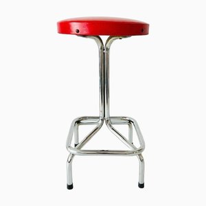 Vintage Hocker mit Gestell aus Chrom & rotem Kunstleder