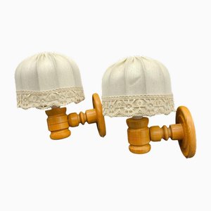 Swedish Modern Pine Wall Lamps with Fabric Shades, 1970s, Set of 2