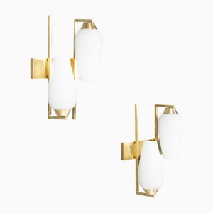 Brass and Opaline Glass Wall Sconces, France, 1950s, Set of 2