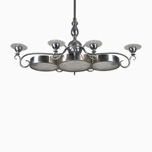 Italienischer Art Deco Kronleuchter aus Nickel Messing & Milchglas, 1930er
