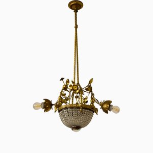 Antique Gilded Bronze 3-Light Pendant with Cherubs and Crystals, 1920s