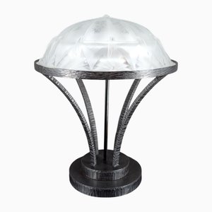 Lampe Art Déco Moderniste en Fer Forgé avec Dôme en Verre à Motifs Étoile, France, 1930s