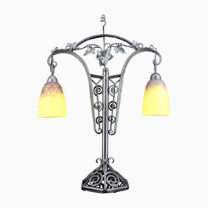 Große Art Deco Bicéphalo Lampe aus Schmiedeeisen von Schneider, Frankreich, 1920er