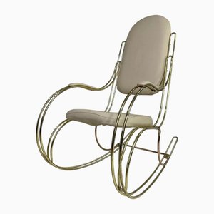 Rocking Chair en Laiton et Imitation Cuir, 1950s