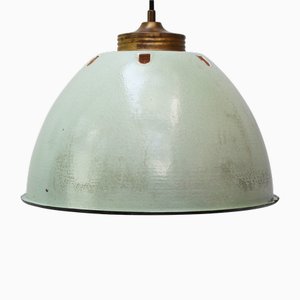 Grüne Vintage Hängelampe aus Emaille & Messing mit Milchglas