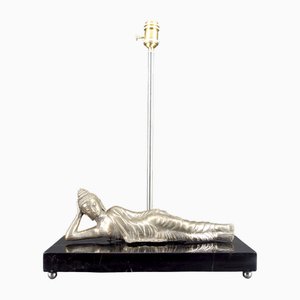 Lampada Buddha in bronzo argentato con base in marmo nero, Francia/Indocina, anni '30