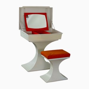 Space Age Vanity Set with Stool in White Plastic with Orange Accents, 1970s, Set of 2