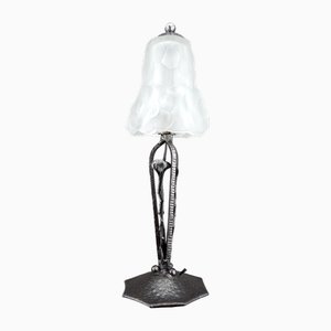 Lampe Art Déco en Fer Forgé avec Abat-Jour Tulipe de Verrerie Dart Degué, France, 1930s