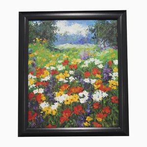 Flower Field with Red Poppy Flowers, 1980s, Oil on Canvas, Framed