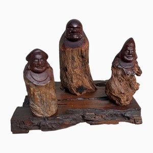 Japanische Ebisu, Daikokuten und Daruma Figurengruppe aus Holz, 1950er